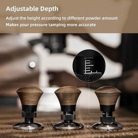 Three 58.35mm Espresso Tamper With Spring Loaded Return And Adjustable Depth Pro Grade Stainless Steel Ripple Base displayed