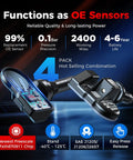 Set Of 4 MaxiTPMS Tire Pressure Sensors With 315MHz And 433MHz Snap In 1MX Rubber Stem, showing sensor features and specs.