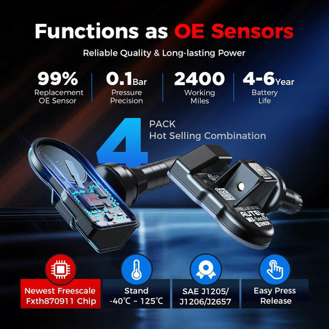 Set Of 4 MaxiTPMS Tire Pressure Sensors With 315MHz And 433MHz Snap In 1MX Rubber Stem, showing sensor features and specs.