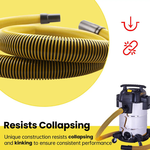 Direct Replacement Wet Dry Vacuum Hose 1 7 Eighth Inch By 7 Foot For DeWalt Systems coiled beside vacuum, showcasing durability