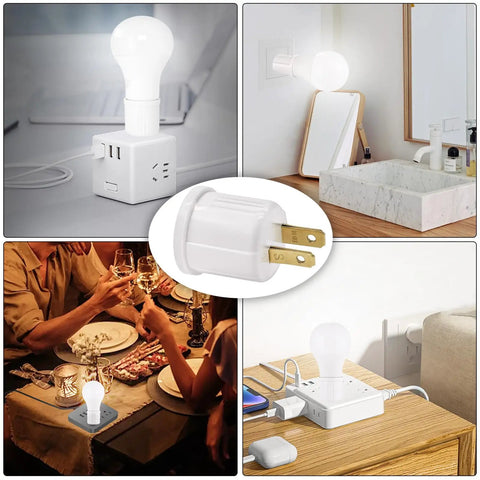 Outlet To Socket Adapter For Plug In Light Socket Convert Outlet To Light Bulb Socket Polarized 2 Prong To E26 E27 Screw Base Bulb Socket 660 Watt 125 Volt UL Listed White Pack Of 4 shown in various uses