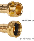 Four Pack Aluminum Garden Hose Repair Connectors Set With Clamps Five Eighth Inch Barb To Three Quarter Inch GHT Thread Male And Female Hose Repair Fittings With Rubber Washers Leak Proof Quick Fix For Your Outdoor Watering System showing male and female brass connectors.