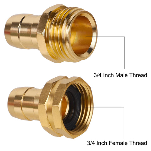 Four Pack Aluminum Garden Hose Repair Connectors Set With Clamps Five Eighth Inch Barb To Three Quarter Inch GHT Thread Male And Female Hose Repair Fittings With Rubber Washers Leak Proof Quick Fix For Your Outdoor Watering System showing male and female brass connectors.