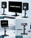 Desktop Speaker Stands Pair For Studio Monitors With 12 Degree Tilt shown with monitor, laptop, and projector setup.