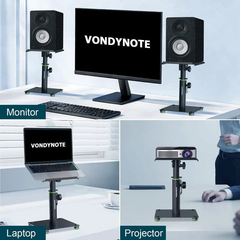 Desktop Speaker Stands Pair For Studio Monitors With 12 Degree Tilt shown with monitor, laptop, and projector setup.