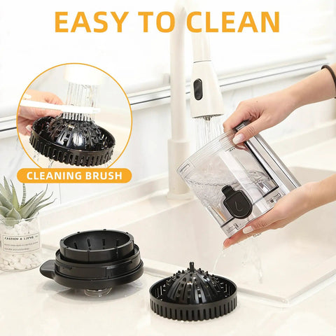 Keerain Automatic Electric Citrus Juicer With Dual Cones, One Touch Easy Operation Machine in action, showing easy cleaning features.