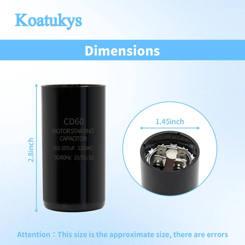 161-193 uF Round Motor Start Capacitor 110-125 VAC Dual Voltage 50/60 Hz CD60 dimensions 2.8x1.45 inches
