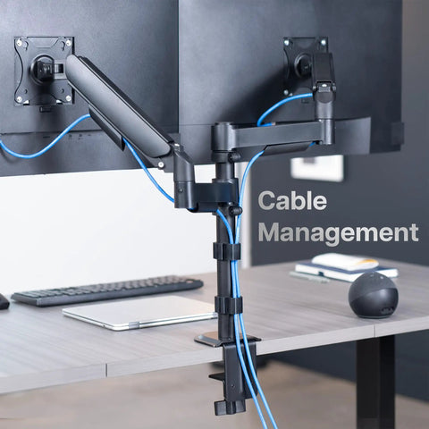 Zero Hassle Dual Monitor Mount For 17 To 32 Inch Screens With Slick Mechanical Spring Arms features cable management and dual monitor setup.
