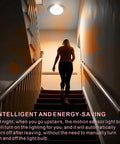 Motion Sensor LED Light Bulb For Indoor Use With Dusk To Dawn Auto On, E26 Base, 6000K Daylight, 13.5W Equals 100W, PIR Infrared Motion Activation, No Fuss Security Night Light, 4 Pack in a lit stairway