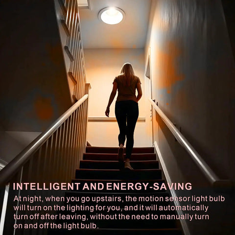 Motion Sensor LED Light Bulb For Indoor Use With Dusk To Dawn Auto On, E26 Base, 6000K Daylight, 13.5W Equals 100W, PIR Infrared Motion Activation, No Fuss Security Night Light, 4 Pack in a lit stairway