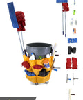 Janitorial Trash Can Caddy Bag Fits 32 To 48 Gallon Cans With 12 Pockets for cleaning tools, shown on a large trash can.