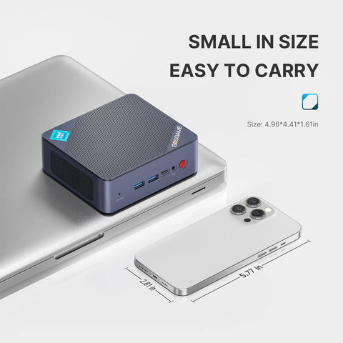 Lightning Fast N95 Mini PC For Home Office And Media on a laptop, showcasing compact size for streaming and multitasking.