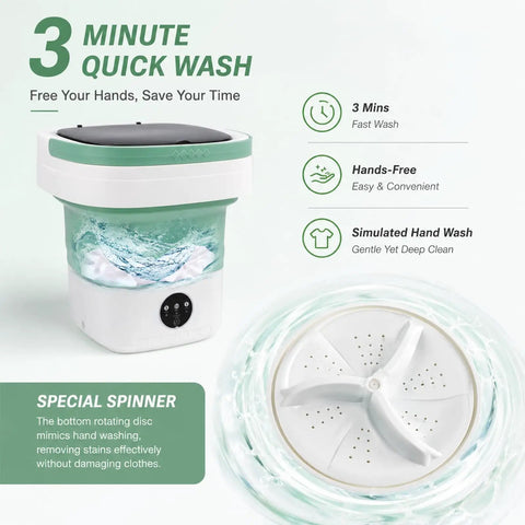 Compact Portable Foldable Washer With Amped Up Motor And Three Wash Cycles, featuring hands-free quick wash in 3 minutes.