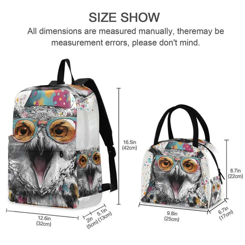 Owl Themed Backpack With Insulated Lunch Box Lightweight Fifteen Point Six Inch Laptop Daypack with owl print front view