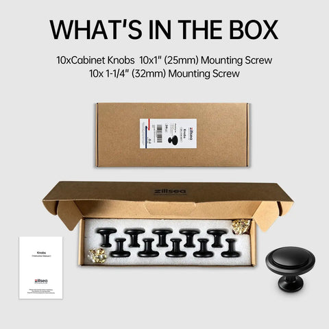 Slick Matte Black Cabinet Knobs Heavy Duty Zinc Alloy set in a box with mounting screws for easy installation.