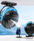 Rechargeable Magnetic Travel Fan With 12000mAh Battery And Power Bank Mode clings to ceiling, cooling and charging phone.