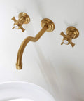 Antique Style Wall Mount Bathroom Faucet With Two Handles, Gold Brushed Finish, Includes Rough In Valve, Solid Brass Construction