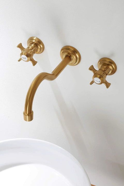 Antique Style Wall Mount Bathroom Faucet With Two Handles, Gold Brushed Finish, Includes Rough In Valve, Solid Brass Construction
