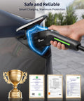 Person using Level 2 Portable EV Charger 32A 7.68kW With 25 Foot Cable J1772 240V NEMA 14 50P For Home And Outdoor Charging