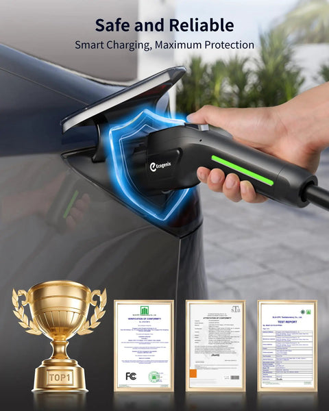 Person using Level 2 Portable EV Charger 32A 7.68kW With 25 Foot Cable J1772 240V NEMA 14 50P For Home And Outdoor Charging