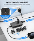 220V to 110V Voltage Converter 230W Step Down Travel Power Adapter with USB-C Port, showing US, AU, IN, UK plug adapters on desk