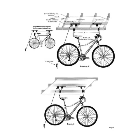 Ceiling Mount Bike Hoist Set Of 2 With Pulley System And Bike Hangers Easy Overhead Storage For Garage Or Workshop Holds Up To 55 Lbs Each Heavy Duty Rope Smooth Operation Space Saving diagram with bike hanging from ceiling joists