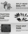 Mini Tabletop Vise That Converts to Handheld, includes split-head, 14 clamping pins, and four grip pads, adjustable aluminum alloy build