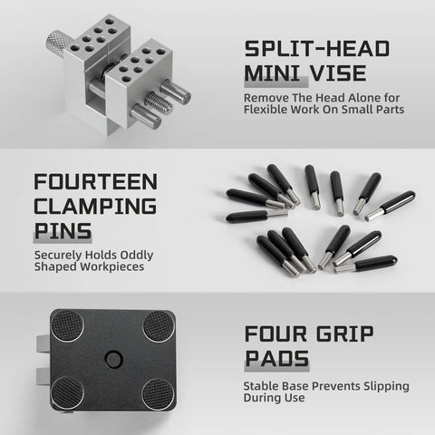Mini Tabletop Vise That Converts to Handheld, includes split-head, 14 clamping pins, and four grip pads, adjustable aluminum alloy build