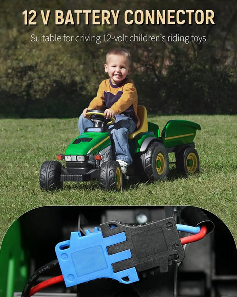 Child on ride-on toy featuring Power Wheel Adapter For Dewalt 20V Lithium Battery And Peg-Perego Riding Toys DC Converter.