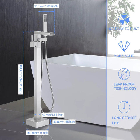 Freestanding Bathtub Faucet Floor Standing Waterfall Filler Brass One-Handle Bath Faucet With Hand Shower Brushed Nickel Finish