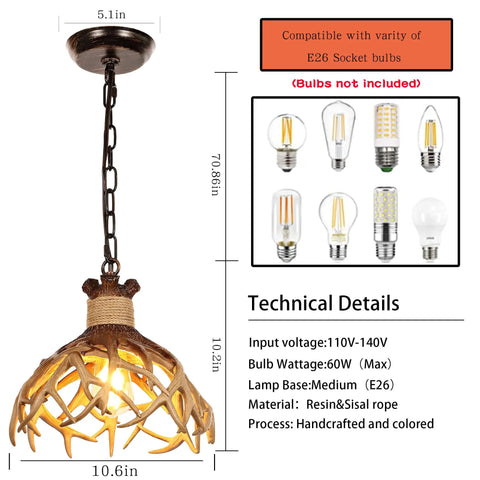Rustic Deer Antler Pendant Ceiling Light With Aged Iron Accents, One E26 Base, LED Compatible, Brown Finish For Kitchen Island, Cabin Bath, And Hallways, Includes 5.9 Ft Adjustable Chain, Vintage Farmhouse Vibe