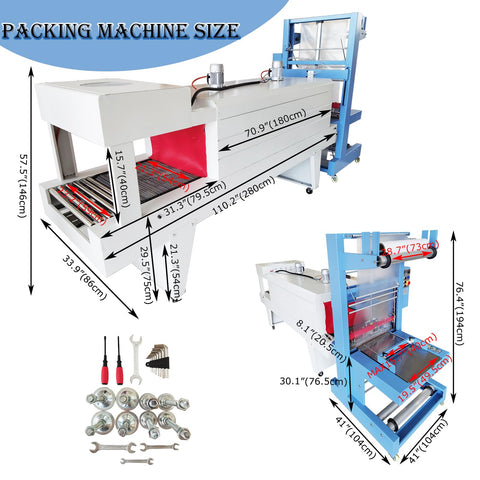 Detailed view of 2 In 1 Commercial Shrink Wrap Sealer And Cutter No Sweat Plastic Film Sleeve Packing Machine Heavy Duty 220V Workhorse dimensions.