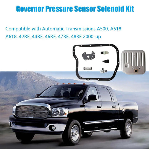 Governor Pressure Sensor Solenoid Kit For Dodge Ram 1500 2500 3500 Dakota Durango 2001 Through 2009 And Jeep Grand Cherokee 2001 Through 2004 With A500 A518 A618 42RE 44RE 46RE 47RE 48RE Trans Includes EPC Solenoid And Valve Body Kit Plug N Play shown with Dodge truck illustration