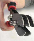 Close-up of Five Blade Hand Crimper For HVAC Ductwork, heavy duty galvanized sheet metal tool, red finish, nine and a half inch