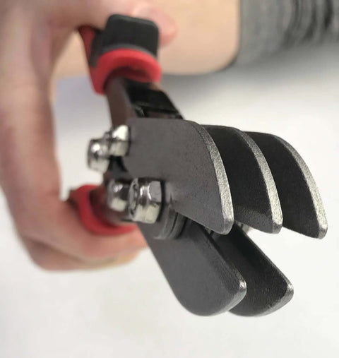 Close-up of Five Blade Hand Crimper For HVAC Ductwork, heavy duty galvanized sheet metal tool, red finish, nine and a half inch