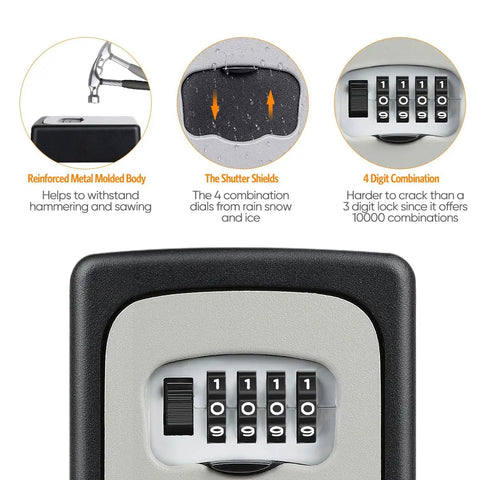Wall Mounted Key Lock Box 4 Digit Combination Safe For Outdoor Use Built Tough With Zinc Alloy And Stainless Steel Weatherproof Key Storage For 5 Keys Ideal For Home Garage Garden Store Rain Dust Snow Resistant showing combination dial and protective features.