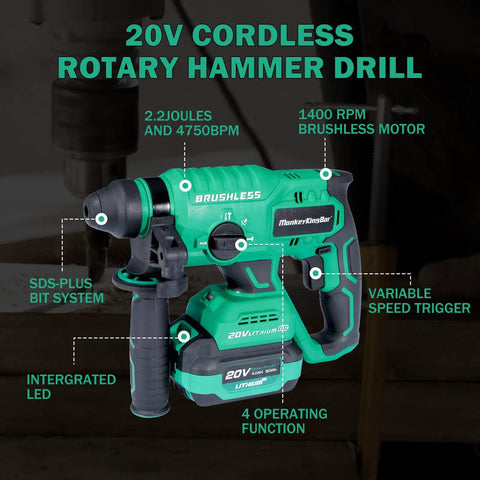 Cordless SDS Plus Brushless Rotary Hammer Drill 20V With Two Point Two Joules Power Four Modes Variable Speed One Half Inch Chuck Four Point Zero Ah Battery And Fast Charger For Heavy Duty Masonry Workhorse