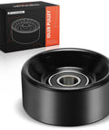 A-Premium belt idler pulley, front view, black with exposed bearing, packaging box labeled Idler Pulley.