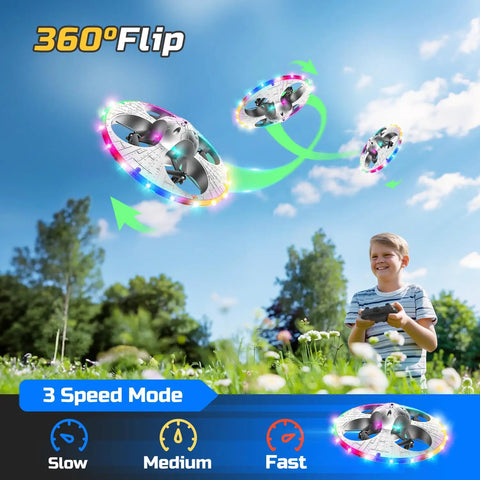 Child flying UFO Drone For Kids With Colorful LED Lights, Remote Control Helicopter With Auto Hover, in field