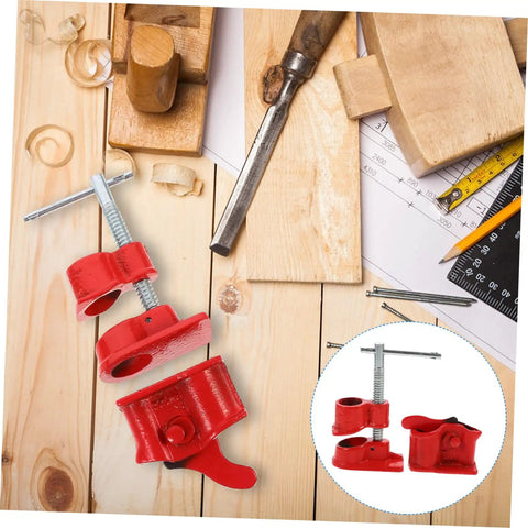 Lightweight Quick Woodworking Pipe Clamp With Ergonomic Grip For One Hand Operation Handy Grippy Durable Coating in red, on a workbench with tools