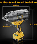 Pro Shop Three Quarter Inch Cordless Brushless Impact Wrench Delivering A Kickass 1600 Ft Lbs Of Serious Torque With A High Output Motor built for mechanics, showing dimensions of 9.25" x 3.54" x 10.63".