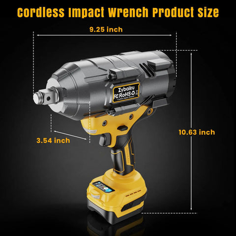 Pro Shop Three Quarter Inch Cordless Brushless Impact Wrench Delivering A Kickass 1600 Ft Lbs Of Serious Torque With A High Output Motor built for mechanics, showing dimensions of 9.25" x 3.54" x 10.63".