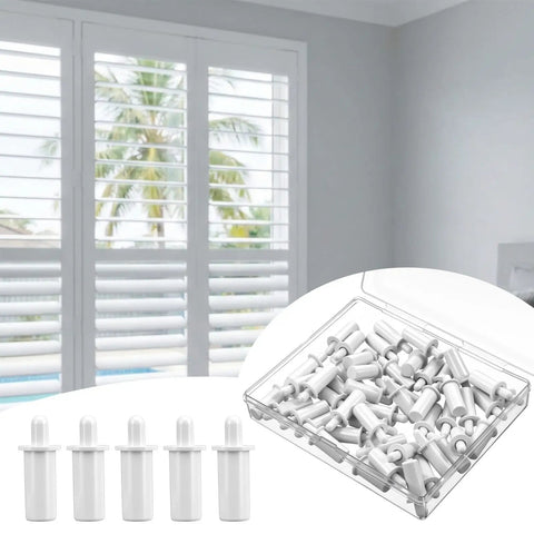 Heavy Duty Spring Loaded Plantation Shutter Pin Repair Kit 50 Pack displayed beside window with plantation shutters.