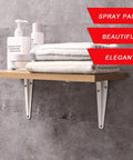 Heavy Duty L Shaped Shelf Brackets Set Of Four Built Like A Tank Rock Solid Metal Corner Supports For Wall Mounted Shelving Sturdy white brackets supporting a wooden shelf with towels and cosmetic bottles.