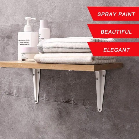 Heavy Duty L Shaped Shelf Brackets Set Of Four Built Like A Tank Rock Solid Metal Corner Supports For Wall Mounted Shelving Sturdy white brackets supporting a wooden shelf with towels and cosmetic bottles.