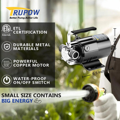 Tiny But Mighty Portable Water Transfer Pump 1/10 HP 330 GPH 115 Volt With On Off Switch and hose spraying water