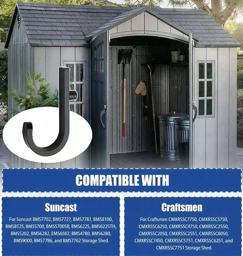 Six Pack Heavy Duty ABS Storage Shed Hooks For Ladders Garden Rakes And Bulk Tools J Shaped U Shaped V Shaped Tool Organizers That Fit Most Outdoor Sheds With Standard Wall Panels shown with compatible Suncast and Craftsman sheds.