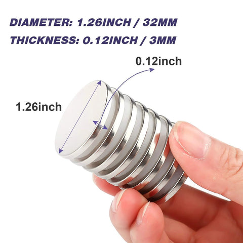 Front view of 1.26-inch neodymium disc magnets with double-sided adhesive, 0.12-inch thick, stacked in hand