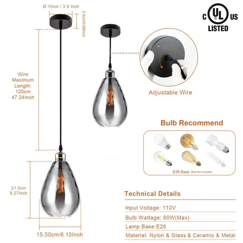 Detailed view of Three Pack Industrial Glass Pendant Lights For Kitchen Island With Teardrop Chrome Mirror Finish Dope Edison Hanging Fixtures For Farmhouse Bar Area Over Sink Dining Room Bulbs Not Included showing dimensions and technical details.