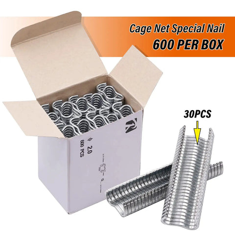 Box of cage net special nails, 600 per box, and a stack of 30pcs hog nails for Type M Hog Nail Ring Pliers Kit